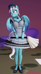 Size: 2160x3840 | Tagged: safe, artist:dietshantytown, oc, oc only, oc:ice, equine, fictional species, mammal, pegasus, pony, anthro, plantigrade anthro, friendship is magic, hasbro, my little pony, 2022, 3d, anthrofied, breasts, clothes, commission, digital art, ear piercing, earring, eyelashes, female, hat, headwear, high res, jewelry, maid, piercing, shoes, solo, solo female, source filmmaker, stockings, wings