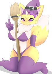 Size: 905x1280 | Tagged: safe, artist:pilu21, oc, oc only, canine, fox, mammal, anthro, digitigrade anthro, 2022, breasts, broom, clothes, digital art, evening gloves, female, fluff, gloves, halloween, hat, headwear, holiday, horn, kneeling, legwear, long gloves, looking at you, neck fluff, pose, rule 63, simple background, solo, solo female, stockings, thighs, vixen, white background, wide hips, witch hat