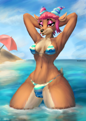 Size: 1240x1754 | Tagged: suggestive, artist:kalivero, ulya (nu pogodi!), cervid, deer, mammal, red deer, anthro, nu pogodi!, 2022, armpits, arms behind head, beach, bedroom eyes, belly button, bikini, black nose, breasts, clothes, crotch bulge, detailed background, digital art, ears, eyelashes, fur, horns, intersex, intersex female, looking at you, nipple outline, ocean, pose, sand, skinny dipping, solo, solo intersex female, swimsuit, tail, thighs, water, wide hips