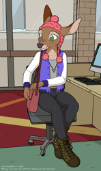 Size: 586x990 | Tagged: safe, artist:autumndeer, cervid, deer, mammal, anthro, bojack horseman, bag, beanie, bottomwear, brown body, brown fur, chair, clothes, container, digital art, ears, female, fur, green eyes, indoors, jacket, jewelry, keyboard, monitor, necklace, pants, penny carson (bojack horseman), shoes, sitting, solo, solo female, topwear