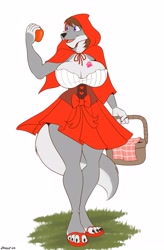 Size: 1963x3000 | Tagged: safe, artist:zp92, little red riding hood (lrrh), oc, oc:chloe shiwulf (zp92), canine, mammal, wolf, anthro, little red riding hood, apple, big breasts, breasts, bucket, claws, cleavage, clothes, cute, cute little fangs, fangs, feet, female, flip flops, food, fruit, open mouth, open smile, sandals, shoes, short skirt, smiling, solo, solo female, tattoo, teeth, thick thighs, thighs, toe claws, toes, wide hips