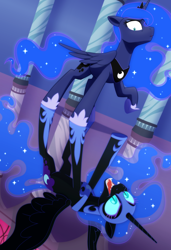 Size: 2048x3000 | Tagged: safe, artist:whitequartztheartist, nightmare moon (mlp), princess luna (mlp), alicorn, equine, fictional species, mammal, pony, feral, friendship is magic, hasbro, my little pony, 2022, crown, duality, ethereal mane, ethereal tail, evil laugh, fangs, feathered wings, feathers, female, folded wings, hallway, headwear, high res, horn, jewelry, laughing, mare, night, reflection, regalia, sharp teeth, spread wings, teeth, tiara, upside down, wings