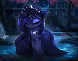 Size: 3333x2626 | Tagged: safe, artist:magnaluna, princess luna (mlp), alicorn, equine, fictional species, mammal, pony, feral, friendship is magic, hasbro, my little pony, 2022, eyes closed, feathers, female, headwear, horn, mare, night, regalia, solo, solo female, tail, tiara, wings