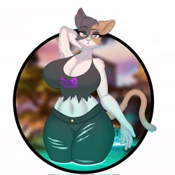 Size: 2048x2048 | Tagged: suggestive, artist:elzorrogomita, meow skulls (fortnite), calico, cat, feline, mammal, anthro, fortnite, blurred background, bottomwear, breasts, clothes, crop top, ear piercing, female, huge breasts, looking at you, midriff, pants, piercing, solo, solo female, topwear, torn clothes, video game, water, wet, wet clothes