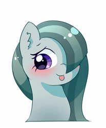 Size: 2903x3500 | Tagged: safe, artist:leo19969525, marble pie (mlp), earth pony, equine, fictional species, mammal, pony, feral, friendship is magic, hasbro, my little pony, 2022, 2d, blep, bust, cute, female, fur, gray body, gray fur, hair, hair over one eye, looking at you, mare, multicolored hair, purple eyes, shy, simple background, smiling, smiling at you, solo, solo female, tongue, tongue out, two toned hair, ungulate, white background