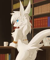 Size: 1177x1400 | Tagged: safe, artist:kluclew, oc, oc only, dragon, fictional species, furred dragon, wingless dragon, anthro, 2019, ambiguous gender, blep, blue eyes, book, bookshelf, cheek fluff, container, cup, detailed background, ear piercing, fluff, fur, glasses, hair, kemono, library, looking at you, looking back, looking back at you, monotone fur, piercing, pink tongue, round glasses, shaded, solo, solo ambiguous, standing, table, tail, tail fluff, tongue, tongue out, white body, white ears, white fur, white hair