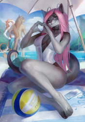 Size: 898x1280 | Tagged: safe, artist:juliathedragoncat, oc, oc:julia mato, cat, feline, mammal, anthro, absolute cleavage, ball, beach ball, beach towel, big breasts, breasts, cell phone, cleavage, clothes, day, earbuds, female, fursona, headphones, headwear, heart hands, lake, looking at you, male, one-piece swimsuit, phone, sitting, sitting on ground, smartphone, swimsuit, towel, umbrella, water