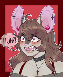Size: 1040x1280 | Tagged: safe, artist:lientje, mammal, mouse, rodent, anthro, 2022, blush lines, blushing, bra straps, bust, clothes, collar, cross necklace, ear piercing, earring, exclamation point, fangs, female, flustered, gauges, interrobang, off shoulder, off shoulder sweater, piercing, portrait, question mark, sharp teeth, shrunken pupils, solo, solo female, speech bubble, spiked collar, sweater, teeth, topwear, watermark