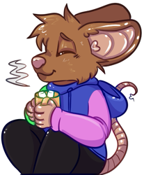 Size: 417x504 | Tagged: safe, artist:bomi, mammal, mouse, rodent, anthro, arcadec0re, base, bottomwear, brown body, brown fur, clothes, commission, digital art, discord emotes, ears, eyes closed, food, fur, halloween, holiday, hoodie, marshmallow, mug, p2u base, pants, simple background, tail, telegram stickers, topwear, transparent background, ych