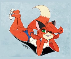Size: 1440x1200 | Tagged: safe, artist:scottyartz, oc, oc:patty (fox-popvli), canine, fox, mammal, anthro, barefoot, big butt, breasts, butt, claws, clothes, cute, cute little fangs, fangs, feet, female, hair, hair over one eye, looking at you, looking up, looking up at you, open mouth, open smile, panties, pigtails, shoe, smiling, smiling at you, soles, solo, solo female, teeth, the pose, thick thighs, thighs, toe claws, toes, underwear, vixen, wide hips