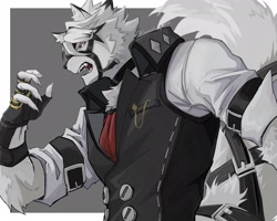 Size: 2048x1638 | Tagged: safe, artist:iwaaak_ge0202, von lycaon (zzz), canine, mammal, wolf, anthro, bottomwear, butler, clothes, fur, male, open mouth, pants, solo, solo male, teeth, topwear, video game, white body, white fur, zenless zone zero