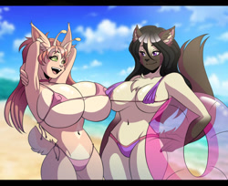 Size: 1280x1047 | Tagged: suggestive, artist:ann-joanne, oc, oc only, cat, feline, mammal, anthro, 2022, armpits, arms behind head, beach, big breasts, bikini, black nose, breasts, clothes, commission, detailed background, digital art, duo, duo female, ears, eyelashes, female, females only, floating, fur, hair, huge breasts, micro bikini, nipple outline, swimsuit, tail, thighs, wide hips, ych result