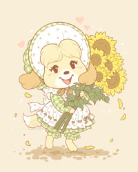 Size: 720x900 | Tagged: safe, artist:celesse, isabelle (animal crossing), canine, dog, mammal, shih tzu, anthro, animal crossing, nintendo, 2d, bloomers, bonnet, bottomwear, clothes, cottagecore, cute, dress, female, flower, heart, looking at you, plant, smiling, smiling at you, solo, solo female, sunflower