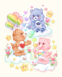 Size: 720x900 | Tagged: safe, artist:celesse, cheer bear (care bears), grumpy bear (care bears), bear, fictional species, mammal, star creature, semi-anthro, care bears, 2022, 2d, balloon, bubbles, care bear, cloud, cute, female, group, male, paw pads, paws, sitting, star, starbuddies, starbuddy, stars, tenderheart bear (care bears), trio