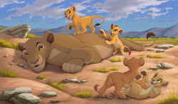 Size: 1500x877 | Tagged: safe, artist:lynxgirl, kiara (the lion king), kion (the lion guard), sarabi (the lion king), tiifu (the lion guard), zuri (the lion guard), big cat, feline, lion, mammal, feral, disney, the lion guard, the lion king, 2d, brother, brother and sister, cub, cute, female, grandmother, group, lioness, male, paw pads, paws, siblings, sister, wholesome, young