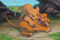 Size: 1280x865 | Tagged: safe, artist:lynxgirl, nala (the lion king), simba (the lion king), big cat, feline, lion, mammal, feral, disney, the lion king, 2d, biting, cub, duo, duo male and female, female, lioness, male, paw pads, paws, young