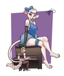 Size: 1008x1200 | Tagged: safe, artist:freckles, miss kitty (the great mouse detective), oc, big cat, feline, mammal, mouse, rodent, snow leopard, anthro, disney, the great mouse detective, 2d, bottomwear, breasts, clothes, commission, duo, duo male and female, ears, female, fur, hair, larger female, male, pants, paws, piano, signature, sitting, size difference, smaller male, tail, white body, white fur, white hair, yellow hair