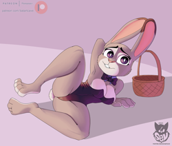 Size: 3767x3195 | Tagged: suggestive, artist:batartcave, judy hopps (zootopia), lagomorph, mammal, rabbit, anthro, digitigrade anthro, disney, zootopia, 2022, armpits, arms behind head, basket, belly button, bow, breasts, buckteeth, butt, clothes, container, digital art, ears, eyelashes, female, fur, hair, looking at you, pink nose, pose, solo, solo female, suit, tail, teeth, thighs, underass, wide hips