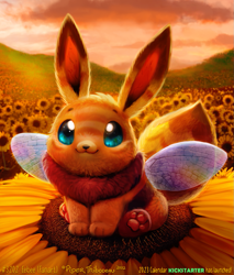 Size: 921x1080 | Tagged: safe, artist:cryptid-creations, arthropod, bee, eevee, eeveelution, fictional species, hybrid, insect, mammal, feral, nintendo, pokémon, 2022, ambiguous gender, cryptid-creations is trying to murder us, cute, flower, front view, paw pads, paws, plant, pun, smiling, solo, solo ambiguous, sunflower, three-quarter view, visual pun