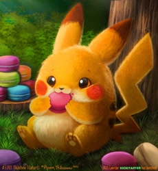 Size: 993x1080 | Tagged: safe, artist:cryptid-creations, fictional species, mammal, pikachu, feral, nintendo, pokémon, 2022, cryptid-creations is trying to murder us, cute, eating, food, macaron, paw pads, paws, plant, pun, sitting, tree, visual pun