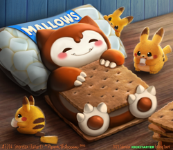 Size: 1080x939 | Tagged: safe, artist:cryptid-creations, fictional species, mammal, pikachu, snorlax, feral, nintendo, pokémon, 2022, ambiguous gender, ambiguous only, cryptid-creations is trying to murder us, cute, dessert, eyes closed, food, group, marshmallow, pun, s'more, sleeping, smiling, visual pun