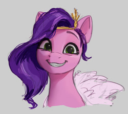 Size: 752x671 | Tagged: safe, artist:appletree_at, pipp petals (mlp), equine, fictional species, mammal, pegasus, pony, feral, hasbro, my little pony, my little pony g5, my little pony: a new generation, spoiler, spoiler:my little pony g5, 2022, circlet, crown, cute, feathered wings, feathers, female, headwear, jewelry, looking at you, mare, regalia, simple background, smiling, solo, solo female, wings