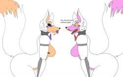 Size: 1280x805 | Tagged: suggestive, artist:photololi.03, funtime foxy (fnaf), lolbit (fnaf), animatronic, canine, fictional species, fox, mammal, robot, five nights at freddy's, 2020, bending over, bow, bow tie, breasts, cheek fluff, clothes, curvy, dialogue, duo, duo female, english text, female, females only, flat colors, fluff, hands on knees, looking at each other, open mouth, simple background, talking, text, tongue, tongue out, vixen, white background, white body