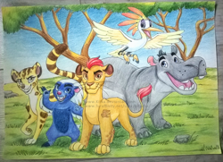 Size: 1130x816 | Tagged: safe, artist:kitucha, beshte (the lion guard), bunga (the lion guard), fuli (the lion guard), kion (the lion guard), ono (the lion guard), badger, big cat, bird, cheetah, egret, feline, heron, hippopotamus, honey badger, lion, mammal, mustelid, feral, disney, the lion guard, the lion king, 2d, female, group, irl, looking at you, male, open mouth, photo, photographed artwork, traditional art
