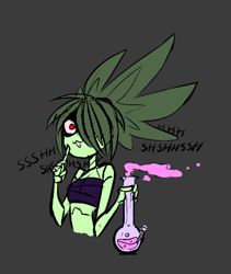 Size: 410x486 | Tagged: safe, artist:cartoonfanatic, fictional species, flora fauna, hybrid, anthro, bong, clothes, drugs, exoskeleton, female, hair, hair over one eye, holding, holding object, low res, marijuana, plant, shhh, shush, smoke, solo, solo female, spiky hair, tube top