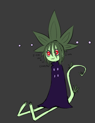Size: 518x676 | Tagged: safe, artist:cartoonfanatic, fictional species, flora fauna, hybrid, anthro, :3, bangs, cloak, drugs, elipsis, female, high, lizard tail, marijuana, on ground, plant, sitting, smiling, solo, solo female, spiky hair, tail