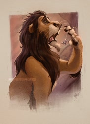 Size: 1628x2226 | Tagged: safe, artist:ruizburgosart, scar (the lion king), big cat, feline, lion, mammal, mouse, rodent, feral, disney, the lion king, 2d, imminent vore, male, solo, solo male