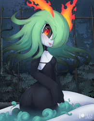 Size: 961x1230 | Tagged: safe, artist:rilexlenov, fictional species, kirlia, anthro, nintendo, pokémon, 2022, black sclera, bottomwear, breasts, butt, clothes, colored sclera, detailed background, digital art, dress, evening gloves, female, fire, gloves, hair, halloween, holiday, long gloves, looking at you, looking back, looking back at you, one eye closed, pose, rear view, sideboob, solo, solo female, thighs, wide hips