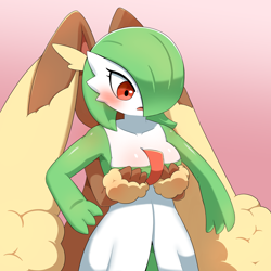 Size: 2000x2000 | Tagged: suggestive, artist:sum, fictional species, gardevoir, lopunny, mammal, anthro, nintendo, pokémon, 2022, anthro/anthro, arm fluff, bottomwear, breast grab, breasts, clothes, digital art, dress, duo, duo female, ear fluff, ears, eyelashes, female, female/female, females only, fluff, fur, grope, hair, molestation, one eye closed, open mouth, self grope, simple background, tail, thighs, tongue, wide hips