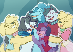 Size: 1500x1081 | Tagged: safe, artist:apatheticxaddict, canine, diamond dog, fictional species, mammal, anthro, friendship is magic, hasbro, idw my little pony, my little pony, 2021, 2d, ambrosia muffinbuns (mlp), cute, eyes closed, female, females only, fiona floppyears (mlp), group, group hug, hug, indiana embereyes (mlp), jennino lanternlight (mlp), katherina proudpaws (mlp), moonbeam twinkletail (mlp), open mouth, open smile, smiling