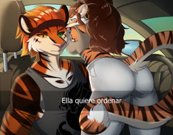 Size: 1280x999 | Tagged: suggestive, artist:kironzen, oc, oc only, big cat, feline, mammal, tiger, anthro, snapchat, 2022, amber eyes, bedroom eyes, black nose, bottomwear, breasts, brown hair, butt, car, clothes, commission, digital art, drive through meme, duo, ear piercing, ears, eyelashes, female, fur, green eyes, hair, heterochromia, looking at you, male, male/female, meme, orange body, orange fur, orange hair, pants, piercing, rear view, shirt, sideboob, striped fur, tail, tank top, text, thighs, topwear, unamused, vehicle, wide hips