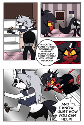 Size: 1280x1920 | Tagged: safe, artist:smartdrawings, loona (vivzmind), millie (vivzmind), canine, demon, fictional species, hellhound, imp, mammal, anthro, digitigrade anthro, humanoid, comic:stress relief helluva boss, helluva boss, 2d, angry, armwear, belly button, bent over, black eyes, black hair, bottomwear, butt, calendar, choker, claws, clothes, collar, colored sclera, comic, crop top, dialogue, door, duo, duo female, english text, eyelashes, female, females only, fingerless gloves, fur, gloves, gray body, gray fur, gray hair, hair, horns, imminent fusion, indoors, legwear, midriff, multicolored fur, no iris, paws, red body, red sclera, refrigerator, scene interpretation, short shorts, shorts, smiling, stockings, tail, talking, text, topwear, two toned body, two toned fur, white body, white eyes, white fur, yellow sclera