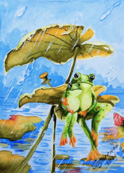Size: 914x1280 | Tagged: safe, artist:irikaart, amphibian, frog, semi-anthro, 2022, ambiguous gender, ambiguous only, cute, duo, duo ambiguous, leaf, lilypad, looking at each other, rain, water