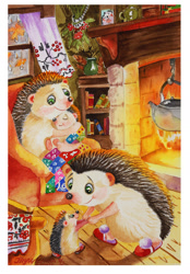 Size: 1280x1835 | Tagged: safe, artist:irikaart, hedgehog, mammal, semi-anthro, 2022, ambiguous gender, cottagecore, cute, eyes closed, family, father, father and child, female, fireplace, group, male, mother, mother and child, smiling, teapot, toddler, wholesome, young