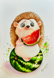Size: 883x1280 | Tagged: safe, artist:irikaart, hedgehog, mammal, semi-anthro, 2022, cute, food, fruit, male, solo, solo male, watermelon