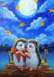 Size: 1280x1806 | Tagged: safe, artist:irikaart, hedgehog, mammal, 2022, clothes, cloud, cottagecore, cute, duo, duo male and female, female, full moon, leaf, looking at each other, male, moon, night, night sky, scarf, sky, smiling, stars, water
