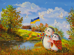 Size: 1037x771 | Tagged: safe, artist:irikaart, bird, hedgehog, mammal, semi-anthro, 2022, clothes, cloud, duo, duo male and female, female, flag, male, plant, scarf, sky, tree, ukraine, ukrainian flag, water