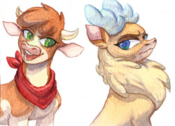Size: 1049x761 | Tagged: safe, artist:tigra0118, arizona cow (tfh), velvet reindeer (tfh), bovid, cattle, cervid, cow, deer, mammal, reindeer, feral, them's fightin' herds, 2022, 2d, duo, duo female, female, females only, looking at each other, simple background, unamused, ungulate, white background