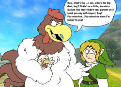 Size: 1055x758 | Tagged: safe, artist:toonidae, foghorn leghorn (looney tunes), link (zelda), bird, chicken, elf, fictional species, hylian, humanoid, looney tunes, nintendo, the legend of zelda, warner brothers, 2d, angry, dialogue, male, males only, rooster, talking, trio, trio male