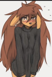 Size: 614x906 | Tagged: safe, artist:tinygaypirate, oc, oc:apogee (tinygaypirate), canine, dog, mammal, anthro, arm boob squeeze, big breasts, blushing, breast squish, breasts, clothes, female, looking at you, solo, solo female, sweater, topwear, wide hips