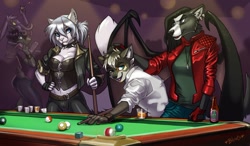 Size: 1280x745 | Tagged: safe, artist:bleats, bat, bovid, canine, goat, hybrid, lagomorph, mammal, wolf, anthro, alcohol, bat wings, beer, beer bottle, breasts, cleavage, clothes, collar, corset, cue stick, dress shirt, drink, female, group, head pat, indoors, jacket, jeans, legwear, male, pants, petting, piggyback ride, pool table, rolled up sleeves, shirt, shot glass, spiked collar, tentacle mouth, tooth necklace, topwear, trio focus, webbed wings, wings, wristband