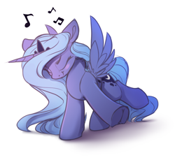 Size: 2792x2665 | Tagged: safe, artist:hitbass, princess luna (mlp), alicorn, equine, fictional species, mammal, pony, feral, friendship is magic, hasbro, my little pony, 2020, blushing, dancing, eyes closed, feathered wings, feathers, female, hair, headwear, hooves, horn, mane, mare, musical note, regalia, simple background, smiling, solo, solo female, tail, tiara, underhoof, white background, wings