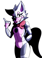 Size: 641x892 | Tagged: safe, artist:themisteryjulien, funtime foxy (fnaf), animatronic, canine, fictional species, fox, mammal, robot, anthro, five nights at freddy's, 2020, bigender, bow, bow tie, cheek fluff, clothes, fluff, hand behind back, looking at you, outline, pointing, simple background, smiling, solo, standing, transparent background