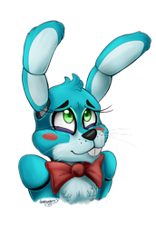 Size: 1024x1490 | Tagged: safe, artist:bootsdotexe, toy bonnie (fnaf), animatronic, fictional species, lagomorph, mammal, rabbit, robot, anthro, five nights at freddy's, 2017, blue body, bow, bow tie, chest fluff, clothes, ear fluff, eyelashes, fluff, green eyes, looking up, male, shy, signature, simple background, solo, solo male, transparent background, whiskers