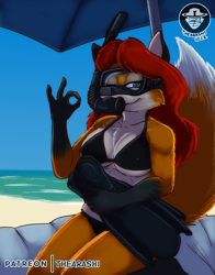 Size: 2200x2800 | Tagged: safe, artist:thearashi, oc, oc:sheila vixen, canine, fox, mammal, anthro, 2022, 4 fingers, beach, beach towel, big breasts, bikini, bikini bottom, bikini top, breasts, cleavage, cleavage fluff, clothes, digital art, dipstick tail, female, flippers, fluff, fur, gloves (arm marking), goggles, green eyes, hair, hands, holding, holding object, kneeling, long hair, looking at you, nipple outline, ocean, ok sign, one eye closed, orange body, orange fur, outdoors, patreon reward, raised tail, red hair, sand, signature, sky, smiling, smiling at you, snorkel, socks (leg marking), solo, solo female, swimsuit, tail, towel, umbrella, vixen, water, white body, white fur, winking