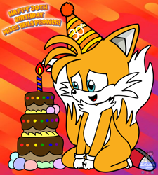 Size: 2700x3000 | Tagged: safe, artist:mrstheartist, miles "tails" prower (sonic), canine, feline, fox, mammal, anthro, plantigrade anthro, sega, sonic the hedgehog (series), base used, birthday, birthday cake, birthday hat, black outline, cake, candle, chocolate cake, food, kneeling, male, open mouth, solo, solo male